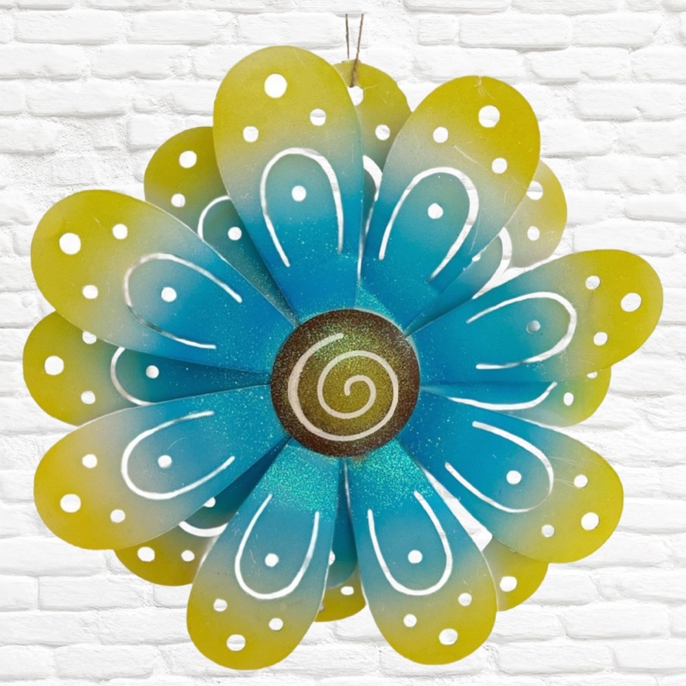 HAND CRAFTED ~ Blue and Yellow Metal Decorative Hanging Flower Decor